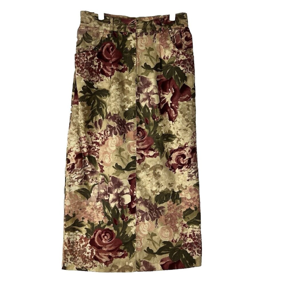 Vintage Nine Long Floral Brown Cottagecore Modest Midi Pencil Y2K Skirt Sz 10